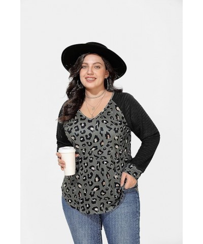 Plus Size T Shirt for Women Long Sleeve Raglan Tops Tee Shirts Color Block Top Leopard Plaid Print XL-5XL 14W-28W 9_ F002_ La...