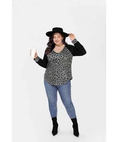 Plus Size T Shirt for Women Long Sleeve Raglan Tops Tee Shirts Color Block Top Leopard Plaid Print XL-5XL 14W-28W 9_ F002_ La...