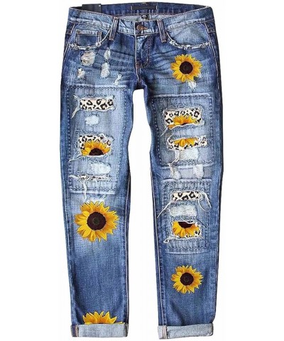 Women High Waist Skinny Stretch Ripped Jeans Sunflower Patch Destroyed Straight Leg Boyfriend Denim Pants with Pockets 02-blu...