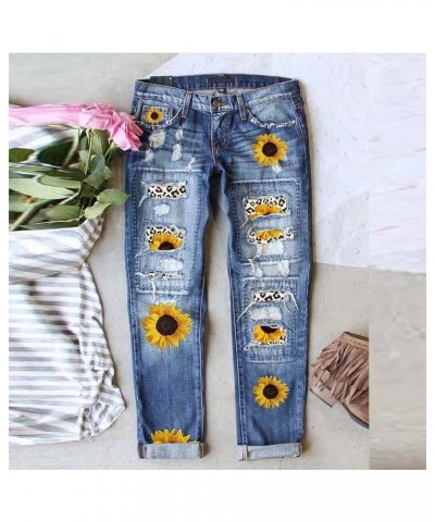 Women High Waist Skinny Stretch Ripped Jeans Sunflower Patch Destroyed Straight Leg Boyfriend Denim Pants with Pockets 02-blu...