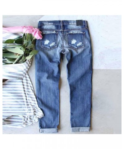 Women High Waist Skinny Stretch Ripped Jeans Sunflower Patch Destroyed Straight Leg Boyfriend Denim Pants with Pockets 02-blu...