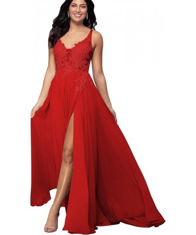 Women's V Neck Lace Appliqued Prom Dresses A-line High Slit Formal Evening Party Gowns Red $34.00 Dresses