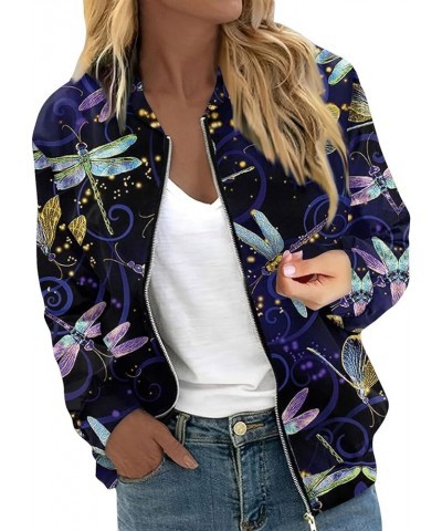 Zip up Jackets for Women Fashion Casual Lightweight Jackets Fall Long Sleeve Striped Printed Round Neck Jacket 02-sky Blue $7...