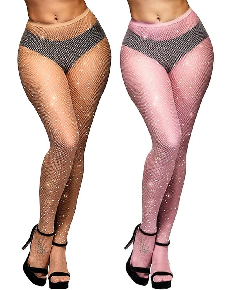 Rhinestone Fishnet Stockings Sparkle High Waist Tights Pantyhose Nude + Pink $11.79 Socks