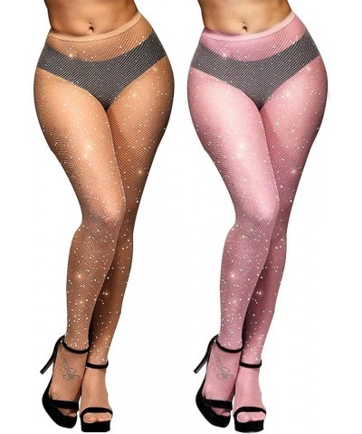 Rhinestone Fishnet Stockings Sparkle High Waist Tights Pantyhose Nude + Pink $11.79 Socks