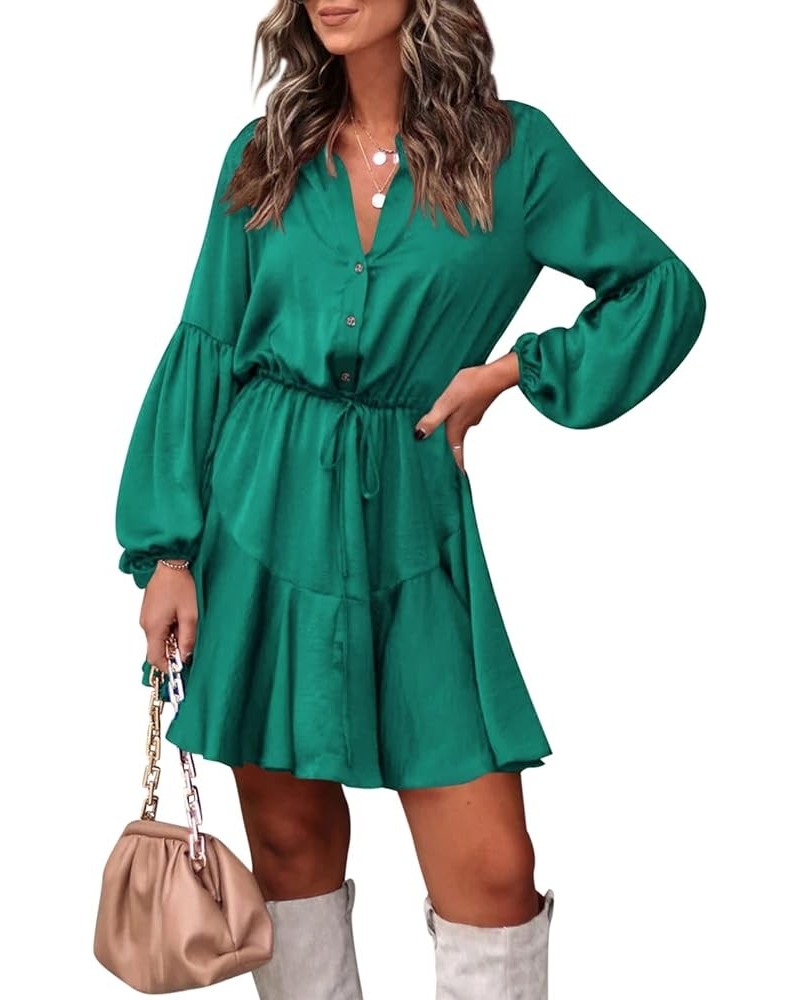 Women's Long Sleeve Button Down Mini Dresses Casual V Neck Ruffle Satin Tunic Dresses Green $17.22 Dresses