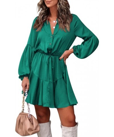 Women's Long Sleeve Button Down Mini Dresses Casual V Neck Ruffle Satin Tunic Dresses Green $17.22 Dresses