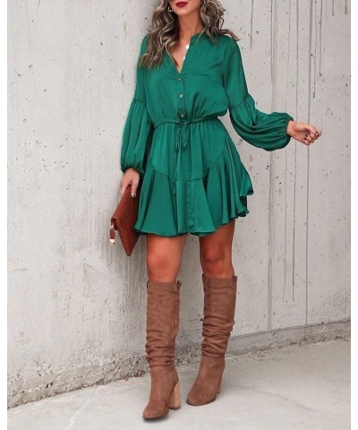 Women's Long Sleeve Button Down Mini Dresses Casual V Neck Ruffle Satin Tunic Dresses Green $17.22 Dresses