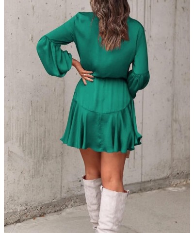 Women's Long Sleeve Button Down Mini Dresses Casual V Neck Ruffle Satin Tunic Dresses Green $17.22 Dresses