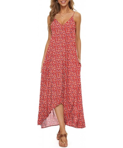 Women V-Neck Polka Dot Print Spaghetti Strap Boho Long Maxi Dresses F Blue Red $9.84 Dresses