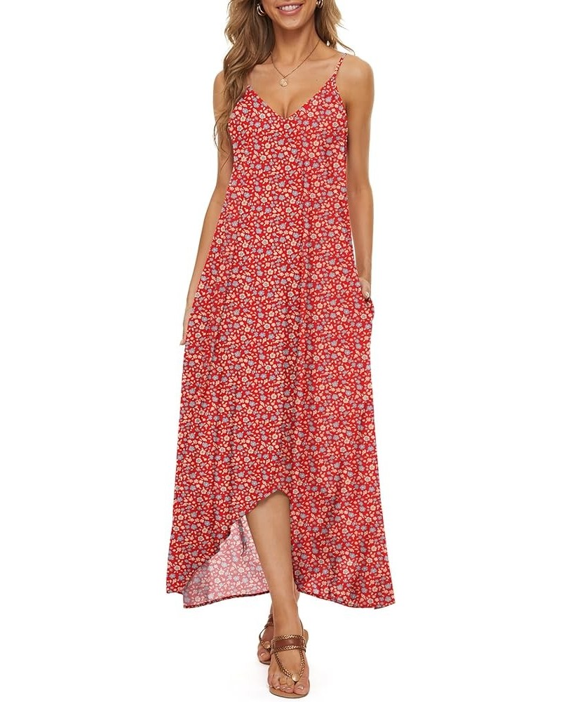 Women V-Neck Polka Dot Print Spaghetti Strap Boho Long Maxi Dresses F Blue Red $9.84 Dresses