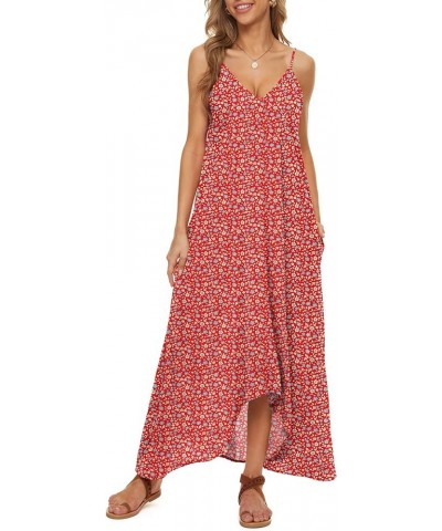 Women V-Neck Polka Dot Print Spaghetti Strap Boho Long Maxi Dresses F Blue Red $9.84 Dresses