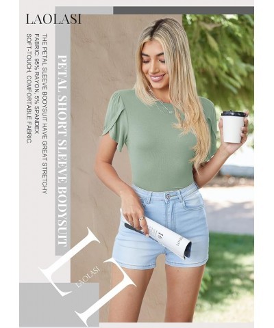 Women's Petal Short Sleeve Bodysuit Crew Neck Slim Fit Casual Stretchy Body suit T Shirts 03 Smoke Green $11.99 Bodysuits