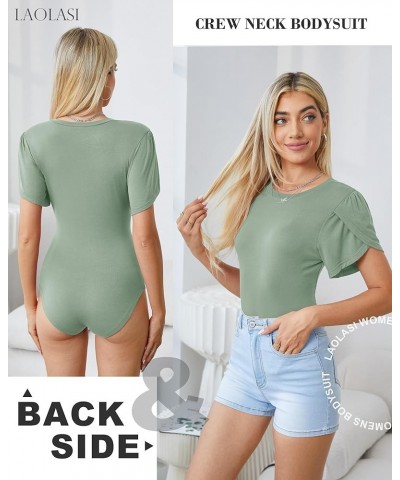 Women's Petal Short Sleeve Bodysuit Crew Neck Slim Fit Casual Stretchy Body suit T Shirts 03 Smoke Green $11.99 Bodysuits