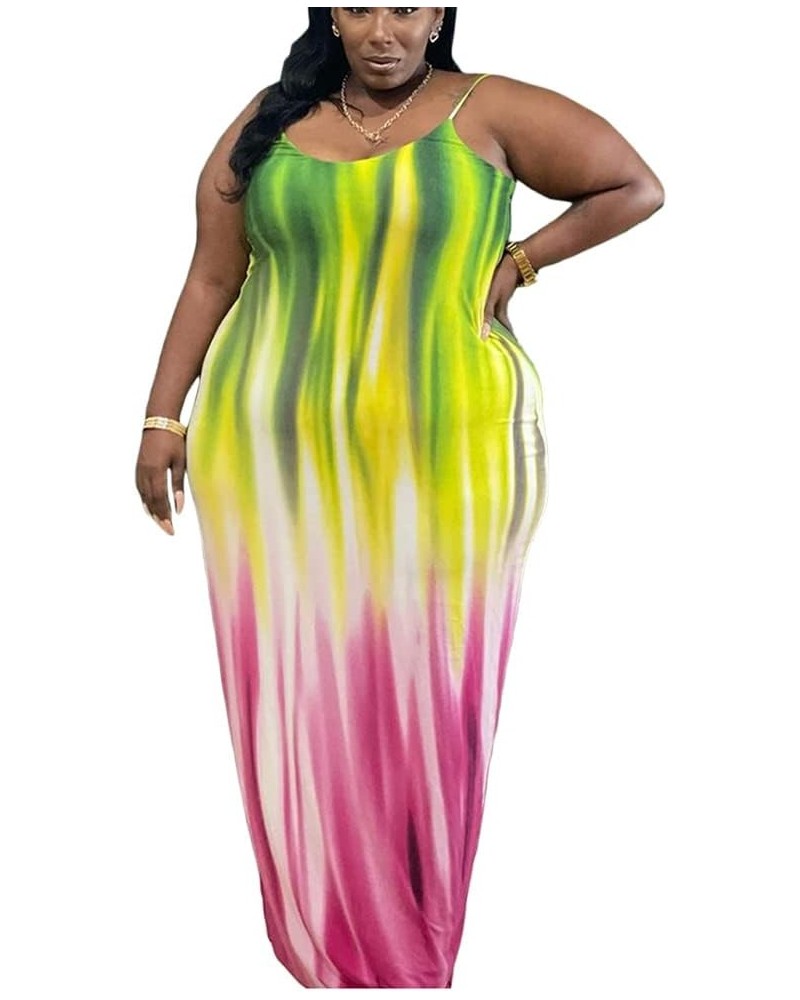 WOOSEN Womens Summer Suspender Maxi Dress Plus Size Striped Printed Sleeveless with Pockets and Belt 9183-pink Green $12.50 D...