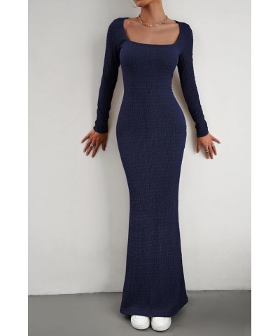 Women's Soft Lounge Long Sleeve Bodycon Dress Sexy Square Neck Fall Fitted Maxi Long Dress Navy $8.84 Dresses