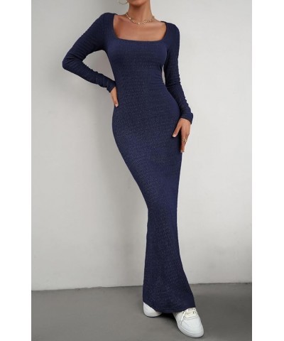 Women's Soft Lounge Long Sleeve Bodycon Dress Sexy Square Neck Fall Fitted Maxi Long Dress Navy $8.84 Dresses