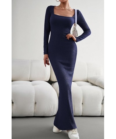 Women's Soft Lounge Long Sleeve Bodycon Dress Sexy Square Neck Fall Fitted Maxi Long Dress Navy $8.84 Dresses