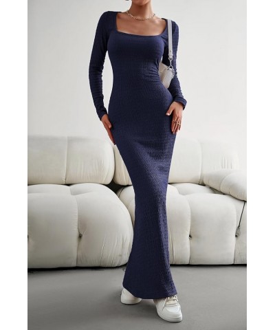 Women's Soft Lounge Long Sleeve Bodycon Dress Sexy Square Neck Fall Fitted Maxi Long Dress Navy $8.84 Dresses