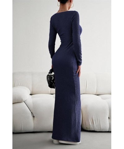 Women's Soft Lounge Long Sleeve Bodycon Dress Sexy Square Neck Fall Fitted Maxi Long Dress Navy $8.84 Dresses