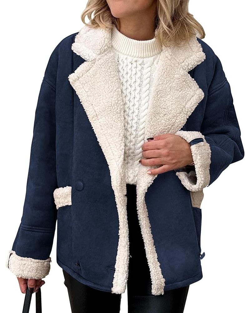 Womens 2024 Winter Suede Coats Fleece Sherpa Lined Jacket Faux Fur Lapel Pockets Warm Fall Fashion Outerwear Navy $10.75 Coats