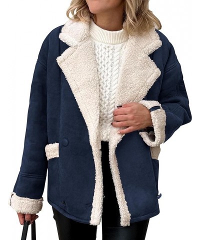 Womens 2024 Winter Suede Coats Fleece Sherpa Lined Jacket Faux Fur Lapel Pockets Warm Fall Fashion Outerwear Navy $10.75 Coats