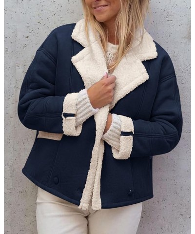 Womens 2024 Winter Suede Coats Fleece Sherpa Lined Jacket Faux Fur Lapel Pockets Warm Fall Fashion Outerwear Navy $10.75 Coats