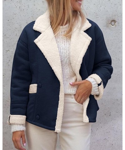 Womens 2024 Winter Suede Coats Fleece Sherpa Lined Jacket Faux Fur Lapel Pockets Warm Fall Fashion Outerwear Navy $10.75 Coats