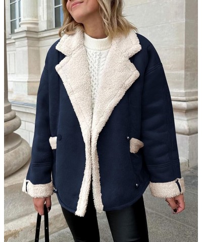 Womens 2024 Winter Suede Coats Fleece Sherpa Lined Jacket Faux Fur Lapel Pockets Warm Fall Fashion Outerwear Navy $10.75 Coats