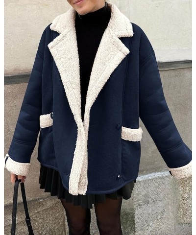 Womens 2024 Winter Suede Coats Fleece Sherpa Lined Jacket Faux Fur Lapel Pockets Warm Fall Fashion Outerwear Navy $10.75 Coats