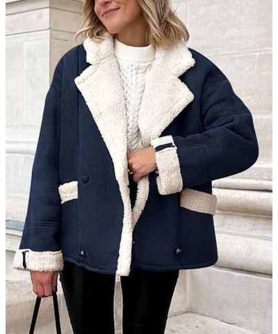 Womens 2024 Winter Suede Coats Fleece Sherpa Lined Jacket Faux Fur Lapel Pockets Warm Fall Fashion Outerwear Navy $10.75 Coats