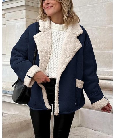 Womens 2024 Winter Suede Coats Fleece Sherpa Lined Jacket Faux Fur Lapel Pockets Warm Fall Fashion Outerwear Navy $10.75 Coats