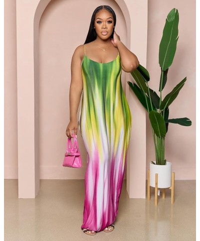 WOOSEN Womens Summer Suspender Maxi Dress Plus Size Striped Printed Sleeveless with Pockets and Belt 9183-pink Green $12.50 D...