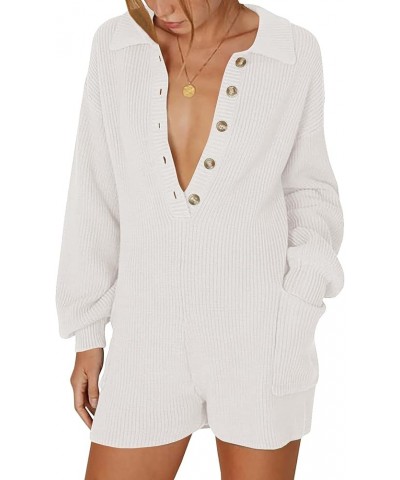 Women's Short Jumpsuit Long Sleeve Knit Sweater Rompers Sexy Deep V Neck Button Down Onesie Loungewear Outfits White $20.64 R...