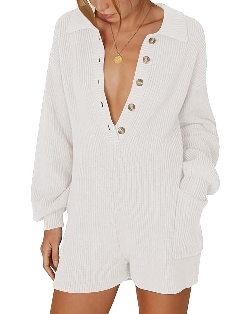 Women's Short Jumpsuit Long Sleeve Knit Sweater Rompers Sexy Deep V Neck Button Down Onesie Loungewear Outfits White $20.64 R...