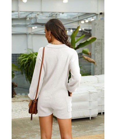 Women's Short Jumpsuit Long Sleeve Knit Sweater Rompers Sexy Deep V Neck Button Down Onesie Loungewear Outfits White $20.64 R...