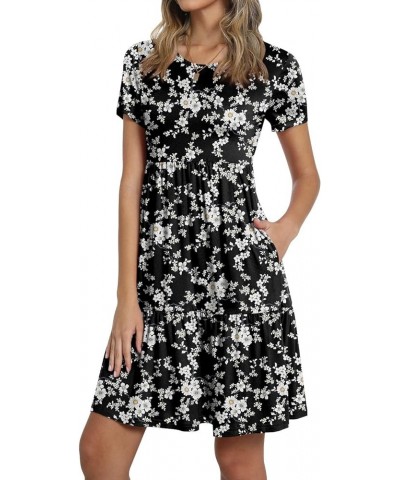 Women's Short Sleeve T-Shirt Dresses Casual Ruffle Swing Dress with Pockets 02 Small Flowers-black $21.59 Dresses