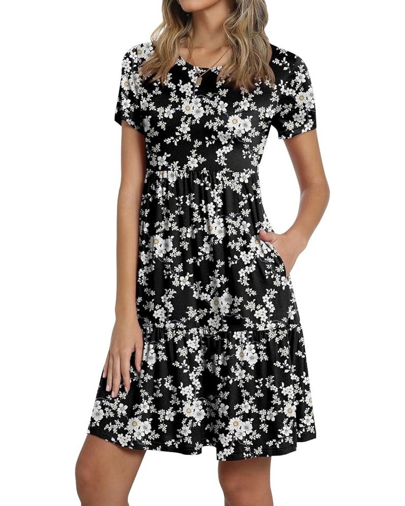 Women's Short Sleeve T-Shirt Dresses Casual Ruffle Swing Dress with Pockets 02 Small Flowers-black $21.59 Dresses