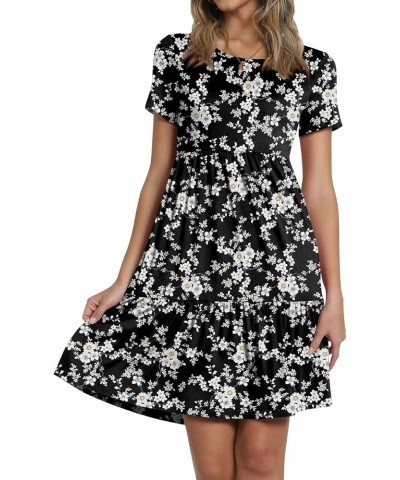 Women's Short Sleeve T-Shirt Dresses Casual Ruffle Swing Dress with Pockets 02 Small Flowers-black $21.59 Dresses