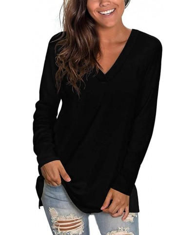 Womens Black Cotton Long Sleeve T-Shirt Long Sleeve V Neck Dress for Women Long Sleeve Tops for Women Casual Fall Z-1-black $...