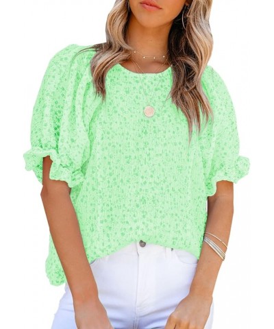 Floral Print Blouses for Women Crewneck Smocked Puff Sleeve Shirts Casual Babydoll Tops 1 Light Green $9.90 Blouses