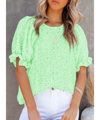 Floral Print Blouses for Women Crewneck Smocked Puff Sleeve Shirts Casual Babydoll Tops 1 Light Green $9.90 Blouses