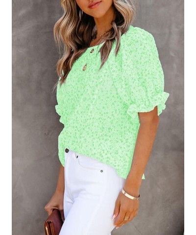 Floral Print Blouses for Women Crewneck Smocked Puff Sleeve Shirts Casual Babydoll Tops 1 Light Green $9.90 Blouses