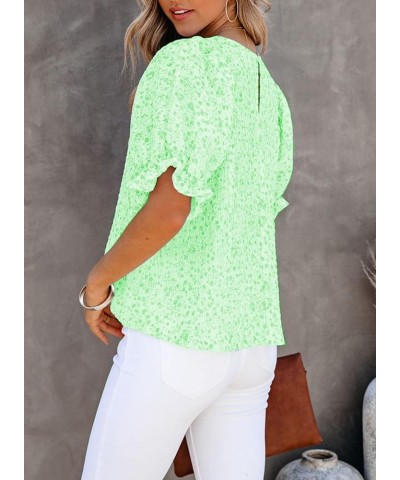 Floral Print Blouses for Women Crewneck Smocked Puff Sleeve Shirts Casual Babydoll Tops 1 Light Green $9.90 Blouses