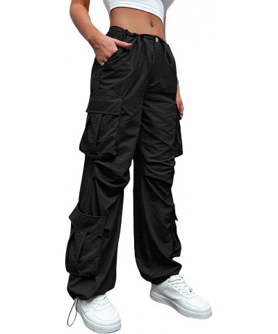 Women's Flap Pocket Drawstring Waist Ruched Streetwear Cargo Pants Black $15.39 Pants