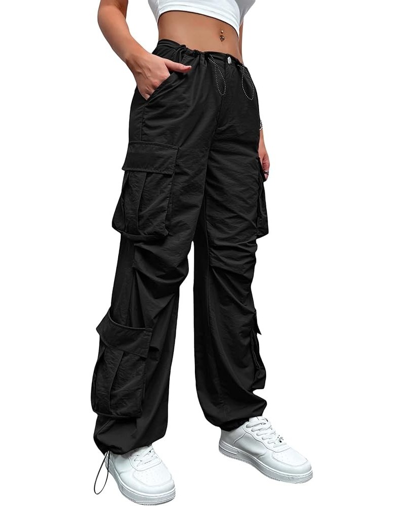 Women's Flap Pocket Drawstring Waist Ruched Streetwear Cargo Pants Black $15.39 Pants