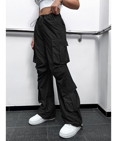 Women's Flap Pocket Drawstring Waist Ruched Streetwear Cargo Pants Black $15.39 Pants