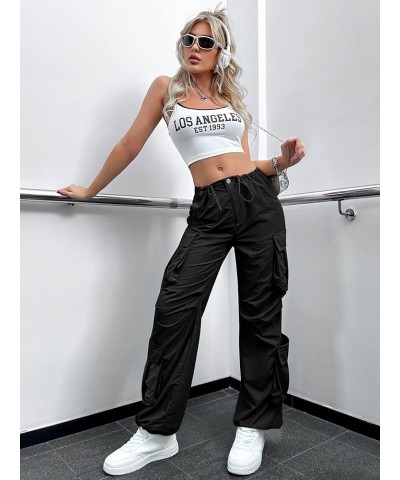 Women's Flap Pocket Drawstring Waist Ruched Streetwear Cargo Pants Black $15.39 Pants