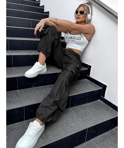 Women's Flap Pocket Drawstring Waist Ruched Streetwear Cargo Pants Black $15.39 Pants