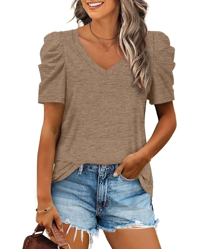 Womens Summer Shirt V Neck Casual Tshirts Puff Sleeve Tops for Women Solid Color XS-3XL 14-brown $10.79 T-Shirts